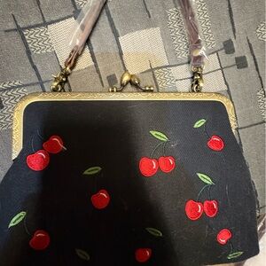 Cherry-Embroidered Black Kiss-Lock Wristlet/ Crossbody